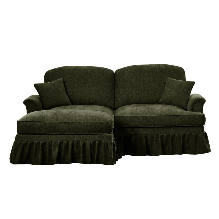Elegant Mid Century Large Two Seater Modular L Shaped Sofa Couch With Flared Arms And Removable Ruffles Pleats Skirts And Spindle Legs, Comfy Chenille Loveseat Sofa With Movable Ottoman,Green