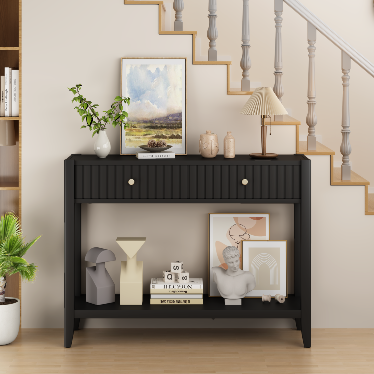 Console Table With Drawers, Narrow Wood Accent Sofa Table Entryway Table With Storage Shelf For Entryway, Front Hall, Hallway, Living Room, Black