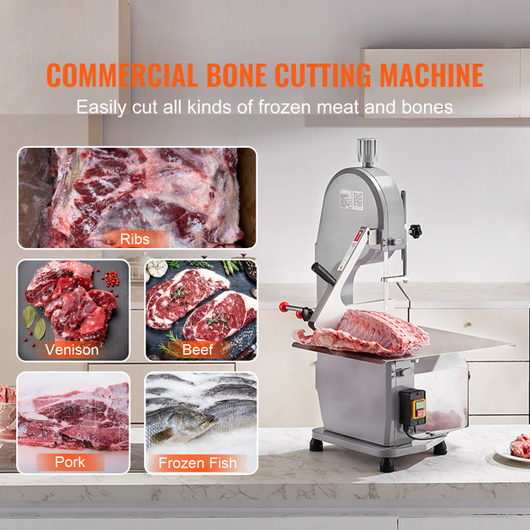 Commercial Electric Meat Bandsaw, 1500W Stainless Steel Countertop Bone Sawing Machine, Workbeach 19.3" X 15", 0.16 7.9 Inch Cutting Thickness, Frozen Meat Cutter With 6 Blades For Rib Pork Beef