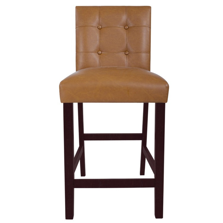 Popa Counter Stool Chair Set Of 2, Brown Faux Leather, Tufted Back