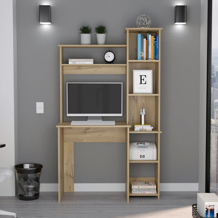Light Oak 6 Shelf Writing Desk With Built In Bookcase