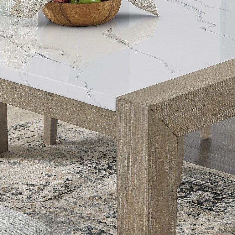 Tabitha 66"W Rectangular White Faux Marble Top Dining Table In Light Oak Finish