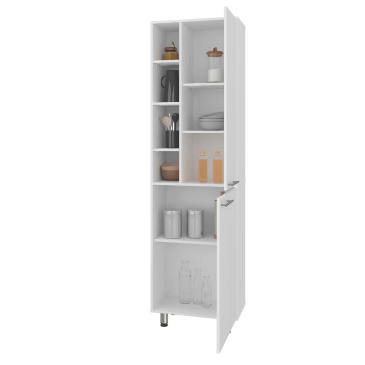 White Kitchen Pantry With Multiple Open And Closed Shelves
