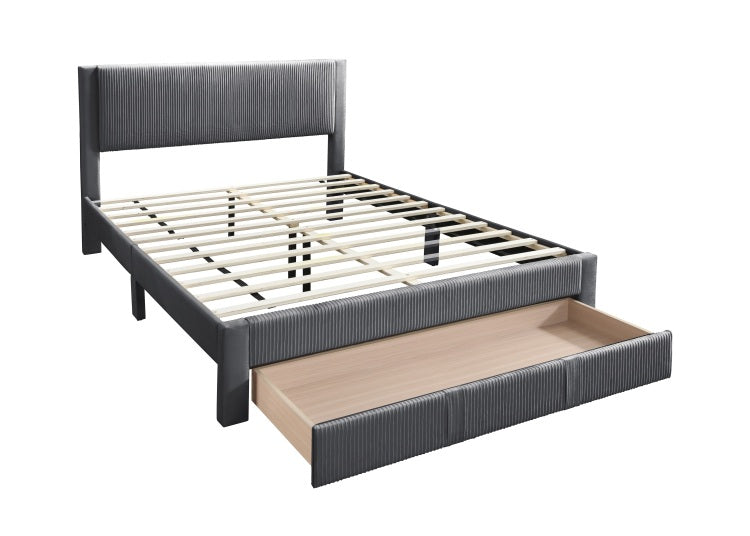 Contemporary 1Pc Queen Size Bed W Storage Drawer Charcoal Corduroy Texture Design Platform Bedframe