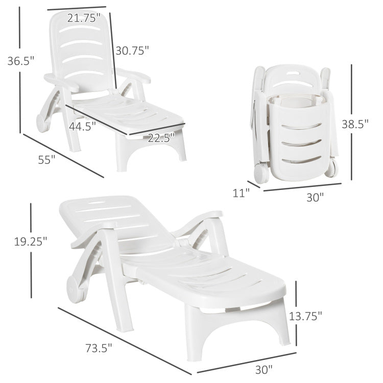 Outsunny Outdoor Chaise Lounge, 5 Level Adjustable Backrest Lounge Chair With Wheels, Folding Tanning Chair For Pool, Beach, Patio, Garden, White
