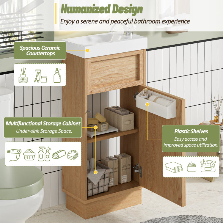 15.75" Bathroom Vanity With Reversible Resin Sink, Mdf Cabinet With Adjustable Shelf And Push To Open Door, Wood Grain Melamine Finish, Reversible Door, Rustic Style For Small Spaces
