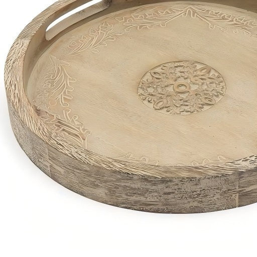 Round Mango Wood Serving Tray 18" Rustic Brown Design For Stylish Entertaining