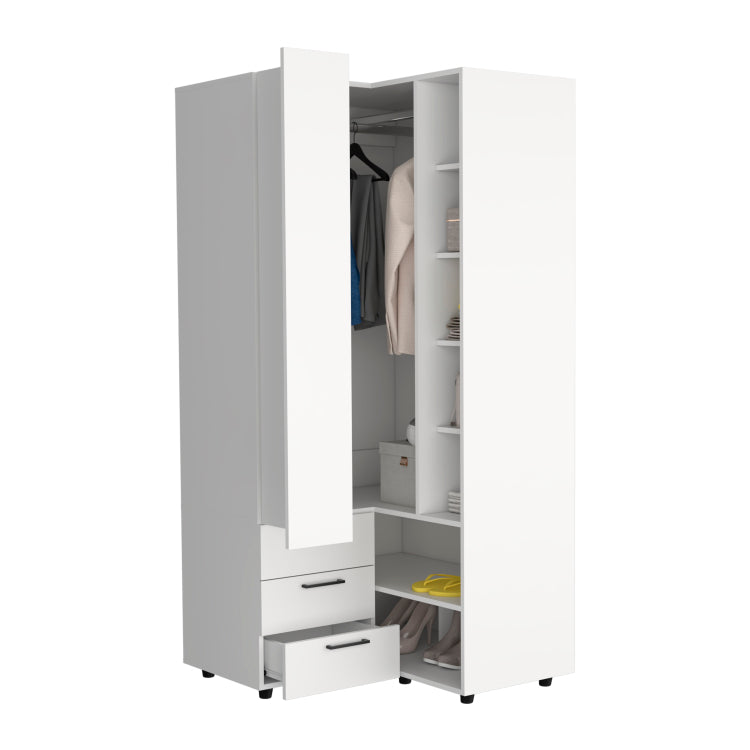 Toulouse Corner Armoire With Double Doors And Interior Shelves, Space Saving Wardrobe, White