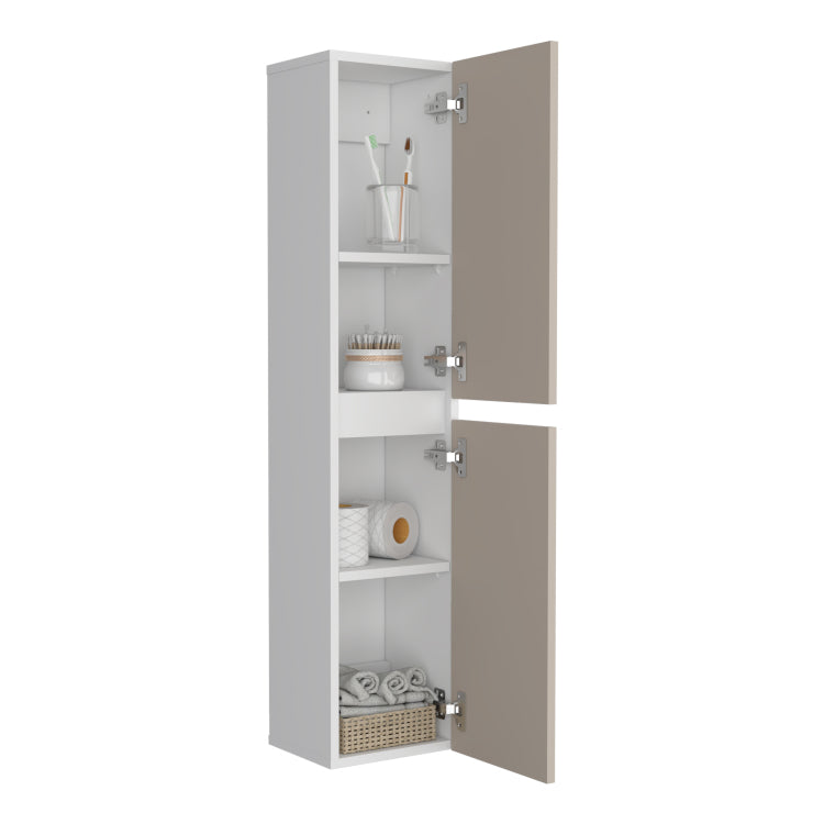 High Two Door Wall Cabinet With Interior Shelf Vertical Storage, White