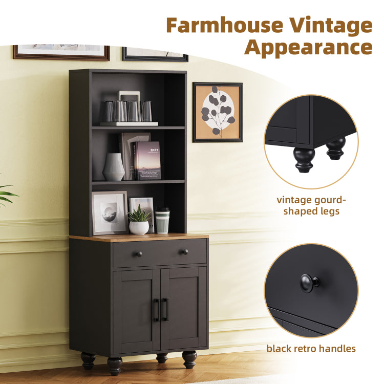 Farmhouse Storage Cabinet With 4 Solid Wood Gourd Shaped Legs, Modern Kitchen Pantry Cabinet With Adjustable Shelves, 5 Tier Bookshelf With Drawer For Living Room, Black