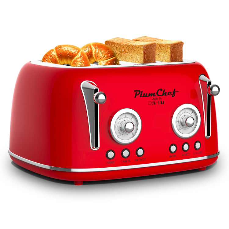 4 Slice Retro Style Toaster, Dual Control Toaster , 6 Browning Settings, Bagel Defrost Functions, Removable Crumb Tray, Stainless Steel Housing 1650W, Red