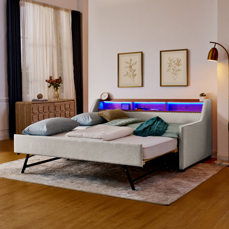 Twin Size Upholstery Sofa Bed With Three Led Lights, With Storage Adjustable Headboard, With Foldable Leg Pull Up Trundle Bed And Wireless Charging, Linen Padded Sofa Bed Frame, Beige