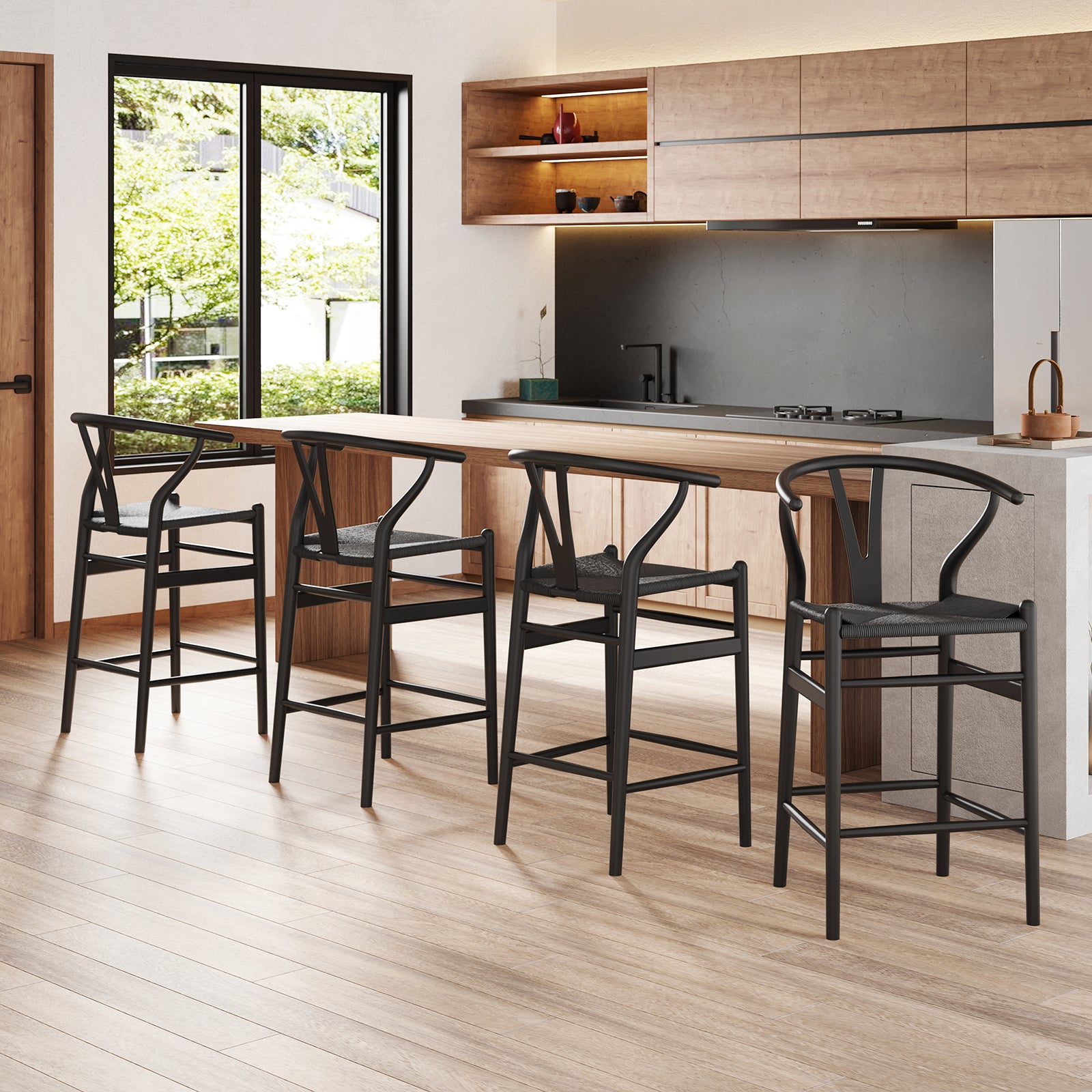 Wishbone Barstool,Weave Counter Height Bar Stools, Fully Assembled Rattan Bar Chairs For Kitchen Island,1Pc,Black