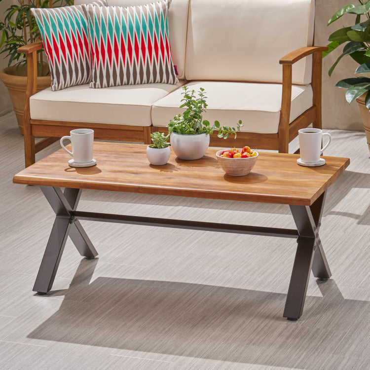 Outdoor Acacia Wood Coffee Table, Teak Finish Rustic Metal,Black And Brown, 18'' H X 27.25'' W X 43.25'' L