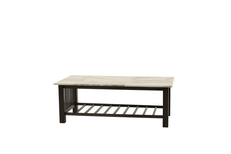Modern Contemporary 1Pc Coffee Table Faux Marble Top Antique Walnut Solid Legs Open Storage Shelf Occasional Table Living Room