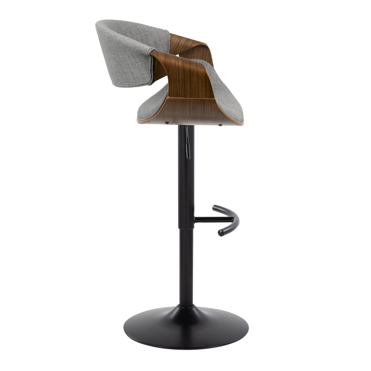 Mid Century Modern Adjustable Barstool With Swivel In Black Metal, Walnut Wood And Light Grey Fabric With Rounded T Footrest Set Of 2