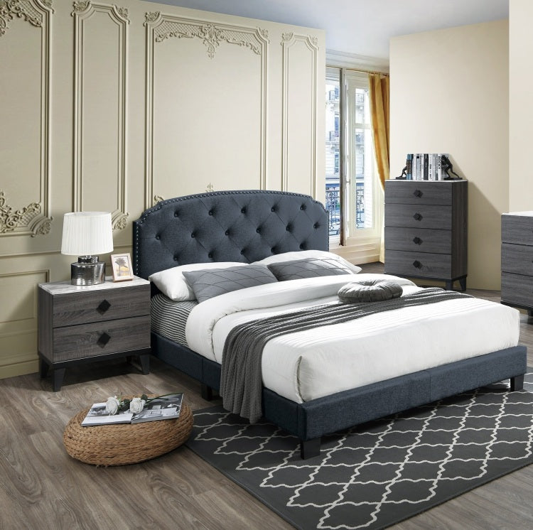 Full Size 1Pc Bed Nailhead Trim Button Tufted Burlap Fabric Charcoal Finish Bedroom Furniture