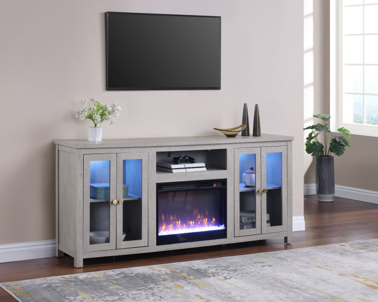 Ellington 70"W Light Gray Finish Fireplace Tv Stand Console With Heater, Led Light, Cabinets, Shelves