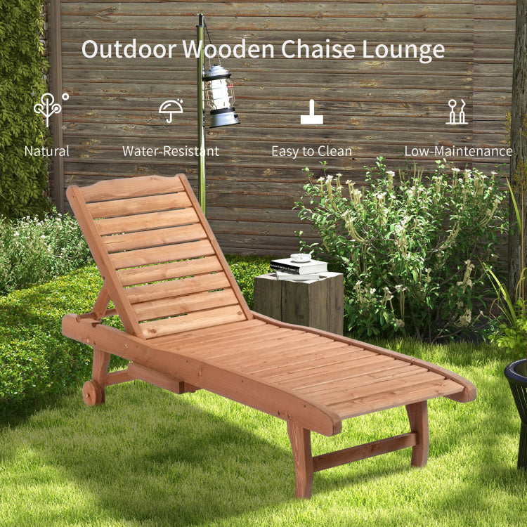 Outsunny Outdoor Chaise Lounge Pool Chair, Built In Table, Reclining Backrest For Sun Tanning Sunbathing, Rolling Wheels, Red Wood Look