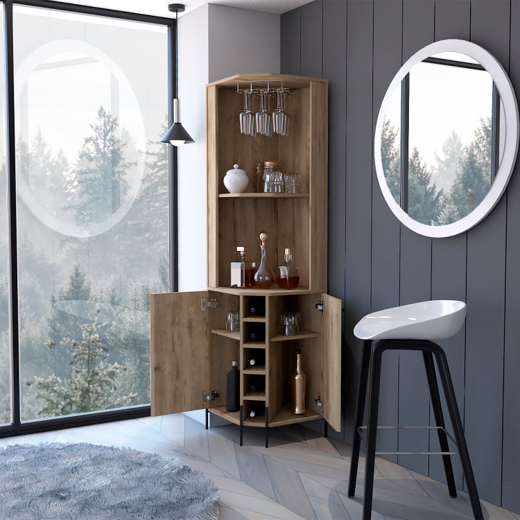Reese Corner Bar Cabinet, Two Shelves, Double Door Cabinet, Five Built In Wine Rack, Four Interior Shelves