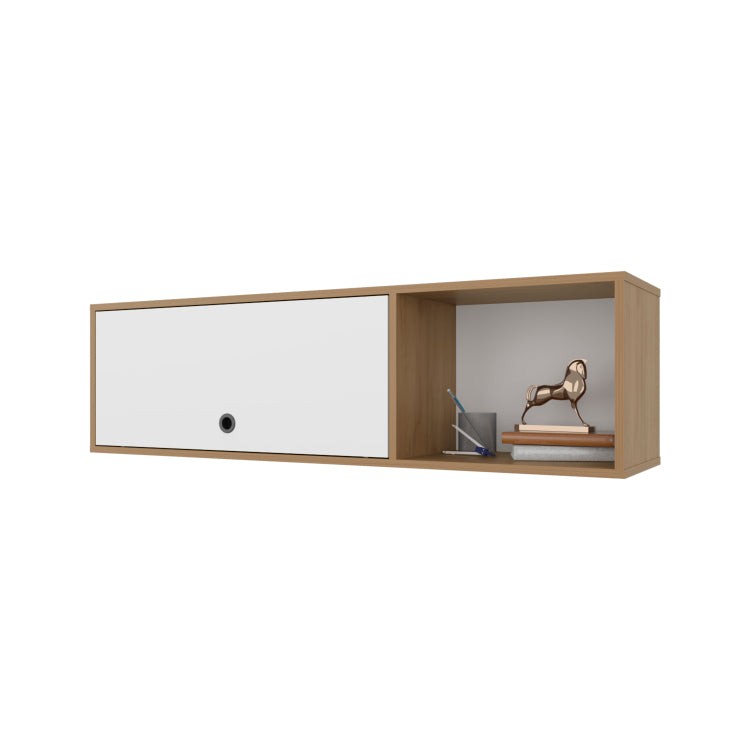 Roslyn Wall Mounted Cabinet With Lift Up Door, Open Compartments, Natural Oak And White