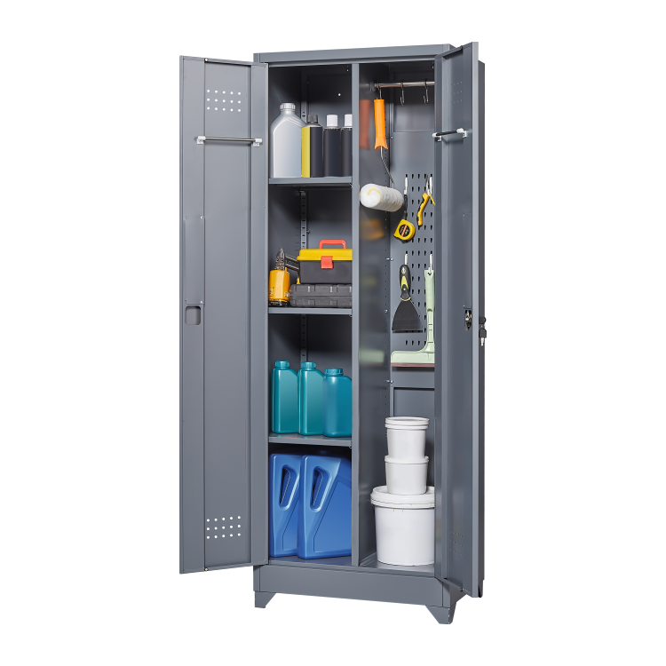 Broom Storage Cabinet With Locking Doors And Shelves, 65" H Metal Storage Cabinet With Hanging Rod & S Hooks, Cleaning Tool Storage Cabinet Grey