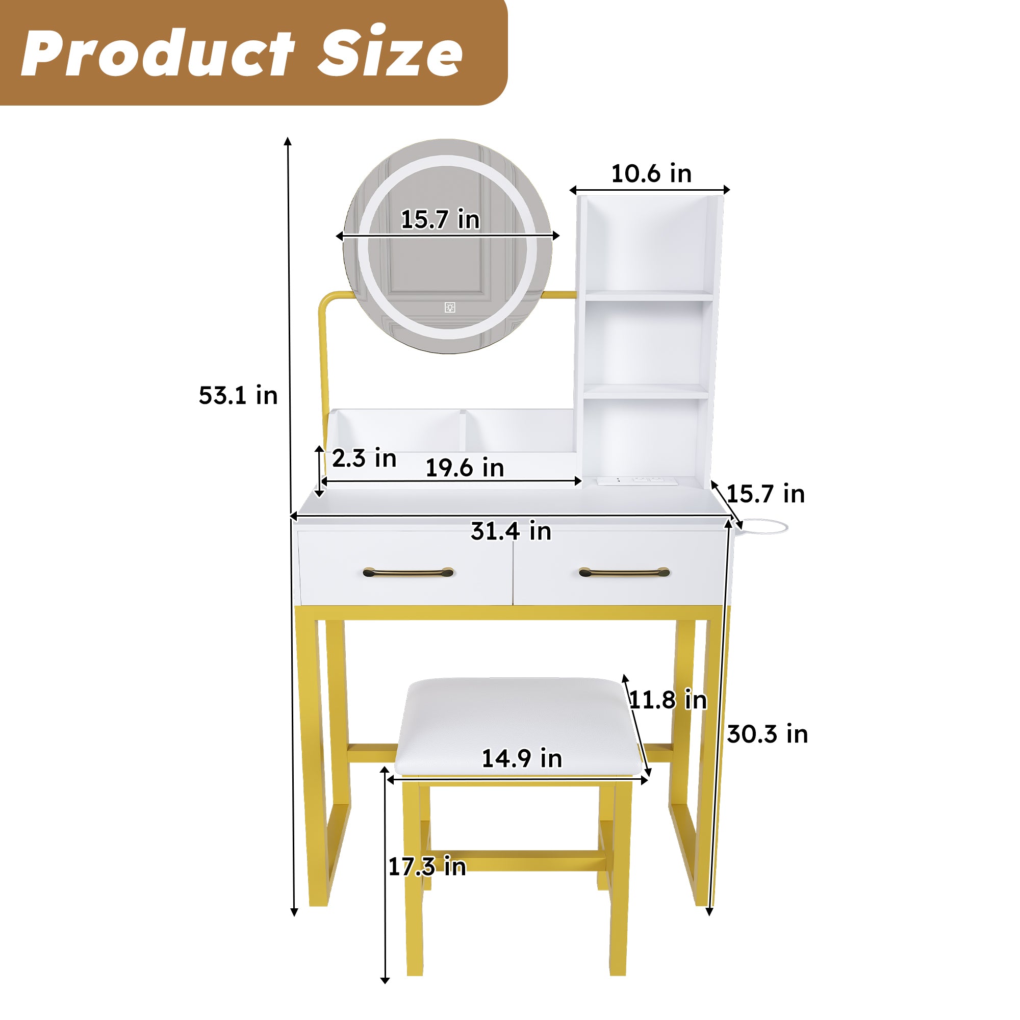 Makeup Vanity With Led Lights&3 Color And Power Outlet Makeup Vanity Table With 2 Big Drawers With Sturdy Metal Leg And Metal Chair Dressing Table For Bedroom Dressing Room White