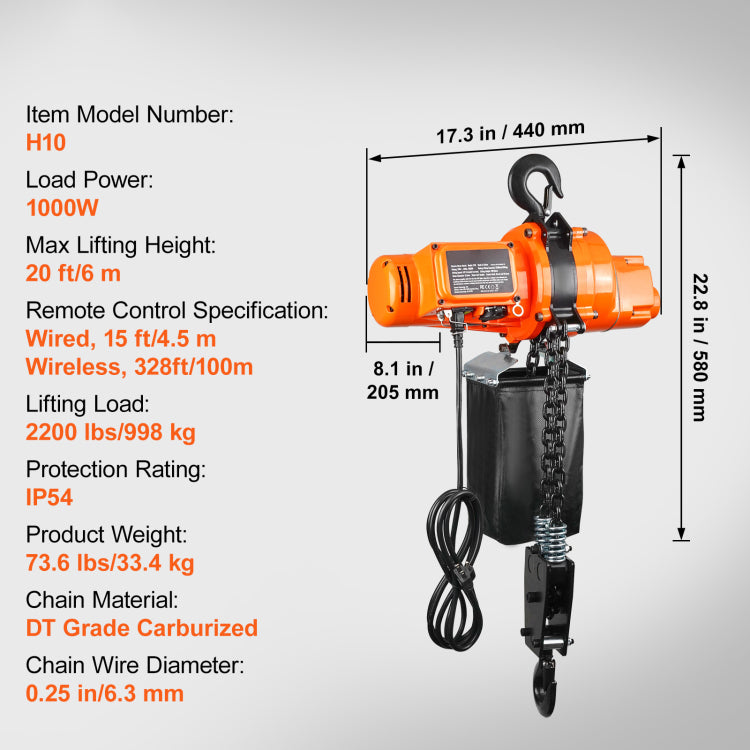 Electric Chain Hoist Single Phase Crane Hoist 2200 Lbs Load 20 Ft Lifting