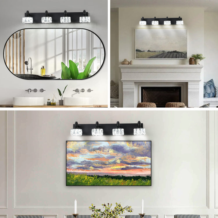 Modern 4 Light Matte Black Led Vanity Light Fixture With Crystal Glass Shades, Bathroom Wall Sconce For Elegant And Contemporary Home Decor