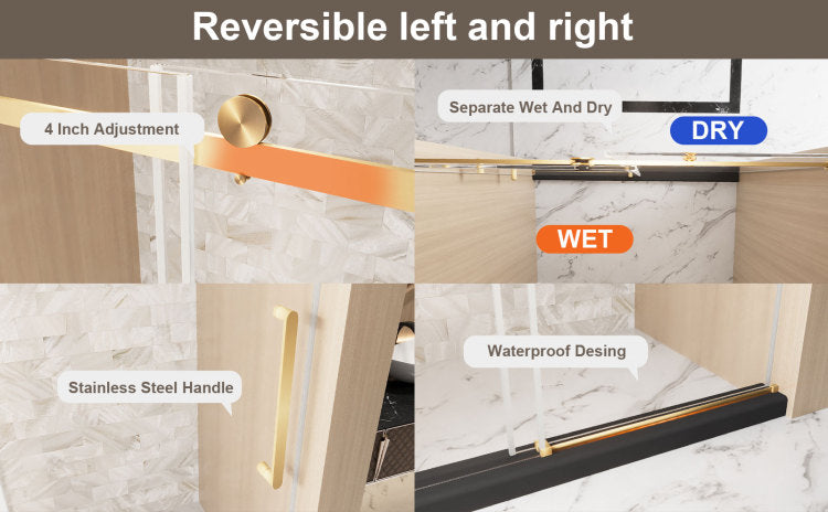 Frameless Single Sliding Shower Door 56 60 "W X 76" H, 1 4 " 6 Mm Clear Tempered Glass, Explosion Proof Film, Stainless Steel Handle Square Tube Track ,Brushed Gold