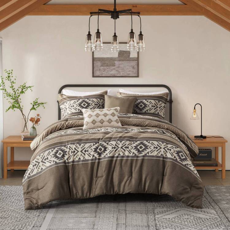 5 Piece Stripe Herringbone Comforter Set With Throw Pillows Brown Full Queen