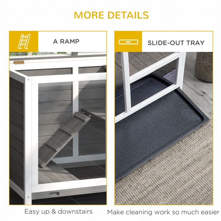 Pawhut Indoor Rabbit Hutch With Wheels, Desk And Side Table Sized, Wood Rabbit Cage, Waterproof Small Rabbit Cage, Gray