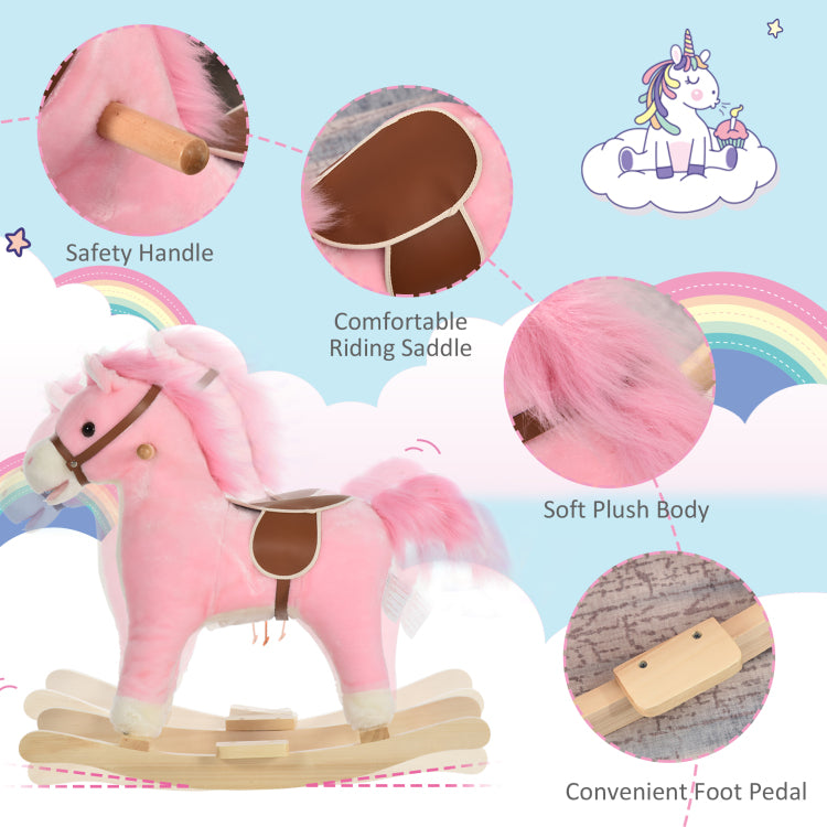Qaba Rocking Horse Plush Animal On Wooden Rockers, Baby Rocking Chair With Sounds, Moving Mouth, Wagging Tail, Pink