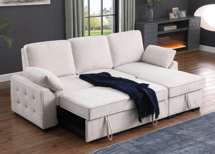 Marcello 91"W Beige Chenille Fabric Reversible Sleeper Sectional With Storage Chaise, Drop Down Table, Cup Holders And Charging Ports