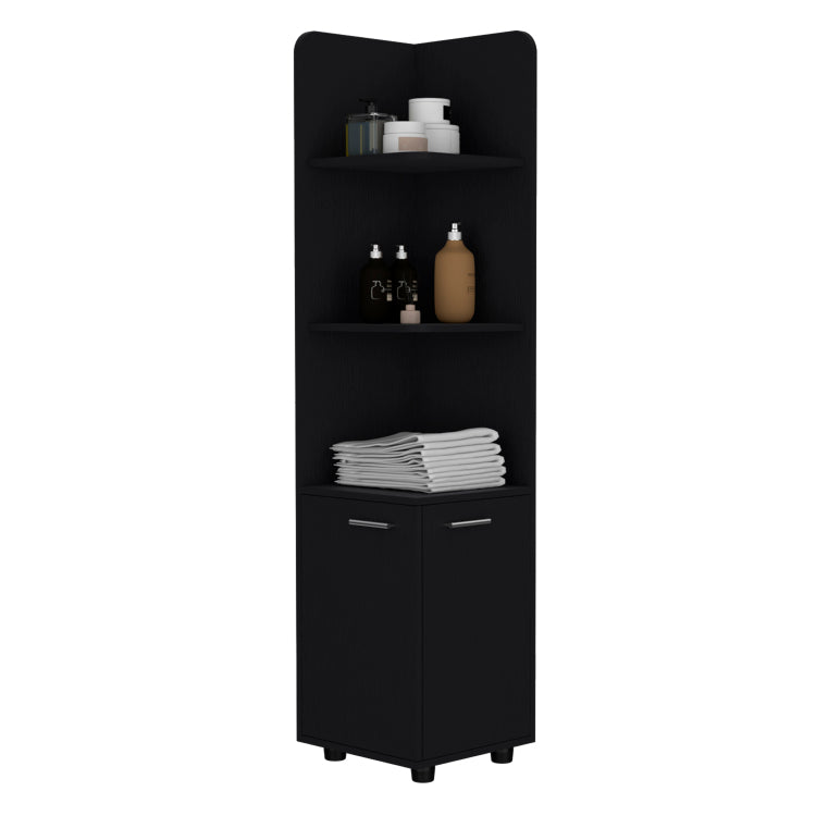 Corner Cabinet 62H" Tall With 3 Tier Shelf And 2 Door, Black