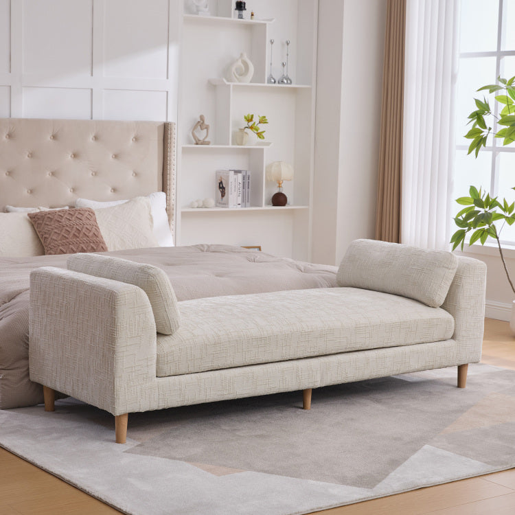 83.1"Wide Modern Upholstered End Of Bed Bench With Armrests, Chenille Chaise Lounge Couch With 2 Bolster Pillows, Daybed With Rubberwood Legs For Living Room,Bedroom,Apartment,Guestroom, Beige