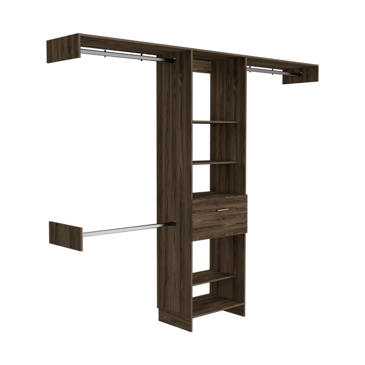 Cross Closet System, One Drawer, Three Metal Rod, Five Open Shelves