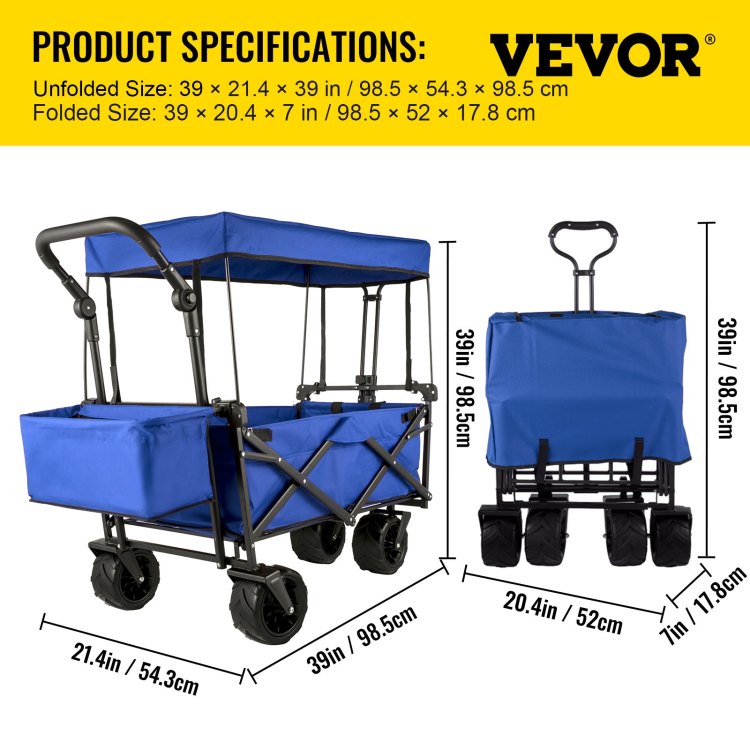 Extra Large Collapsible Garden Cart With Removable Canopy, Folding Wagon Utility Carts With Wheels And Rear Storage, Wagon Cart For Garden, Camping, Grocery Cart, Shopping Cart, Blue