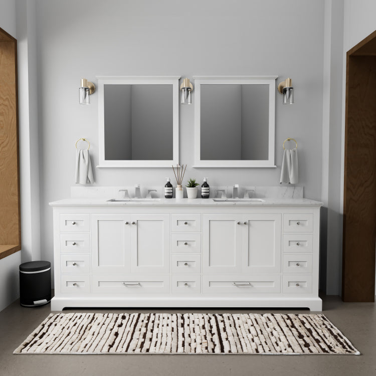 White Double Bath Vanity 84 In. W X 22 In. D, Carrara Marble Top, And Faucet Set