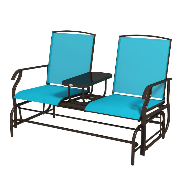 Outsunny Outdoor Glider Bench With Center Table, Metal Frame Patio Loveseat With Mesh Fabric And Armrests For Backyard Garden Porch, Blue