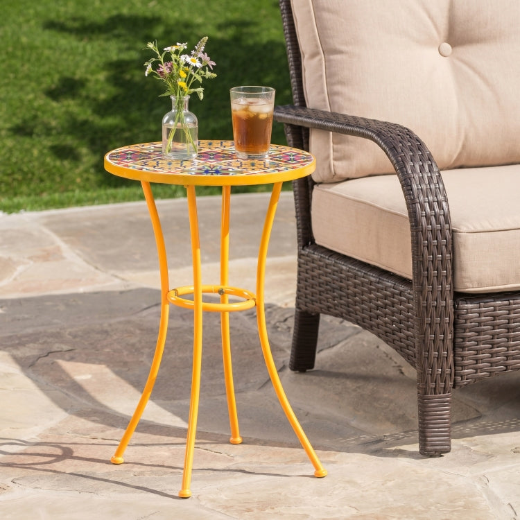 Outdoor Side Table With Tile Mosaic Table Top And Metal Legs, Yellow
