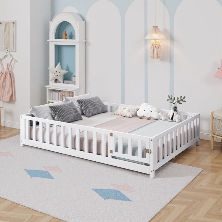Full Size Floor Platform Bed With Fence And Door For Kids, Montessori Floor Bed Frame With Support Slats For Toddlers, Wooden Floor Bed White