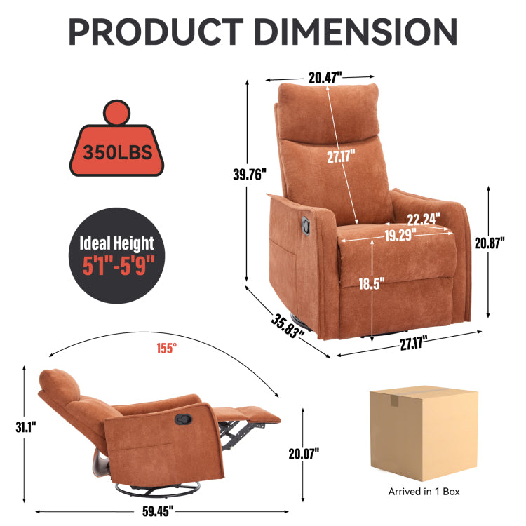Heat Massage Manual Recliner Chair With Rocker And Swivel In Fabric For Living Room, Orange