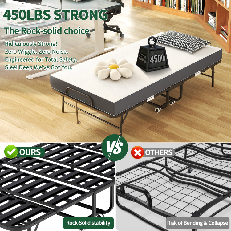 75" X 38" Inch Extra Long Folding Bed For Tall People, Heavy Duty 450Lbs Capacity Rollaway Guest Bed With 5" Memory Foam Mattress, Portable Space Saving Twin Size Bed