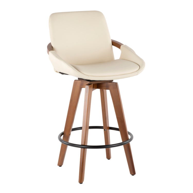 Mid Century Counter Stool In Walnut And Cream Faux Leather