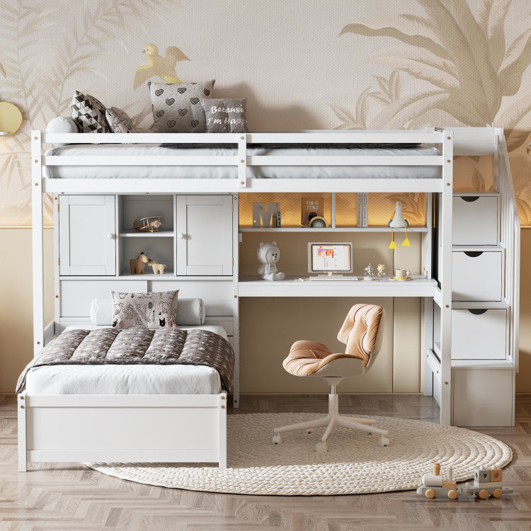 Twin Over Twin Loft Bed With Built In Desk And Staircase, With Storage Compartments And Shelves, White