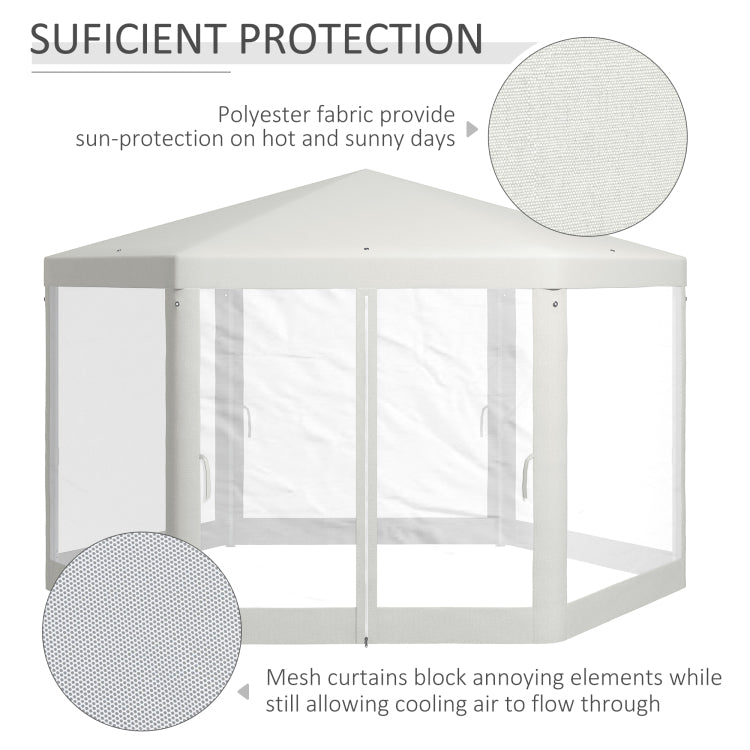Outsunny 13' X 11' Outdoor Party Tent, Hexagon Sun Shade Shelter Canopy With Protective Mesh Screen Sidewalls, Ropes & Stakes, Cream White