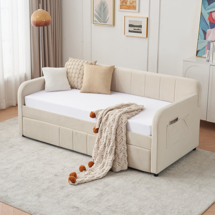 Twin Upholstered Daybed Frame With Trundle, Twin Size Sofa Bed For Bedroom Living Room Guest Room, Wood Slat Support, Beige
