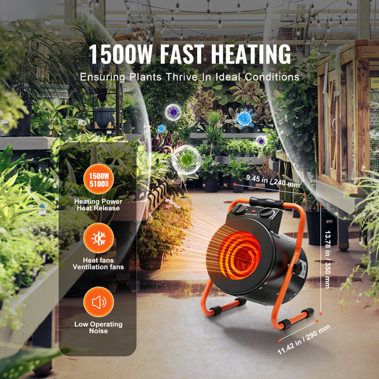 Greenhouse Heater With Thermostat, 1500W Fast Heating With Overheat Protection, 2 Speed Setting Small Grow Tent Heater, Electric Portable Heater Fan For Green House, Flower Room, Workplace