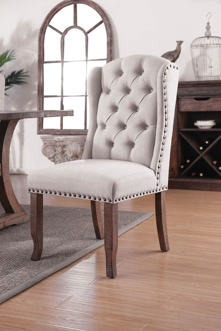 Contemporary Ivory Beige Fabric 2Pcs Side Chairs Tufted Wingback Design Rustic Oak Solidwood Back Dining Chairs Furniture